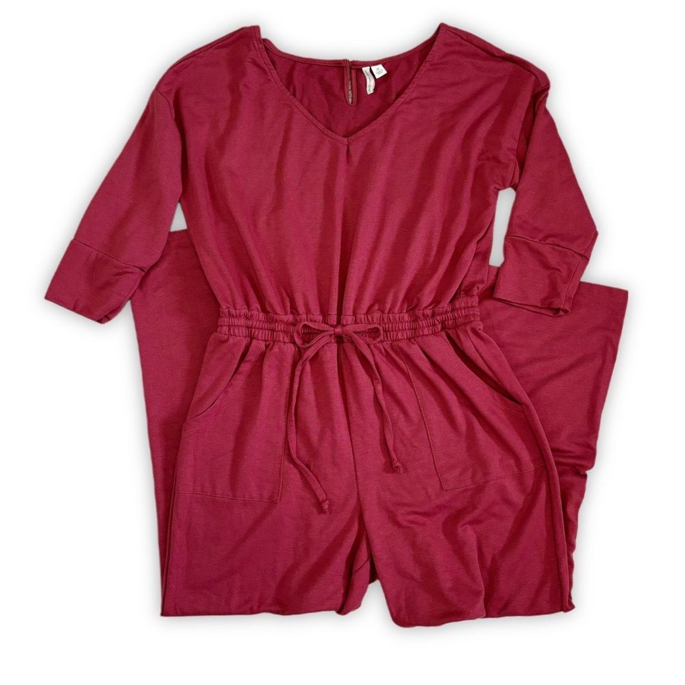 Live Well Deep Coral Knit Jumpsuit Medium | Drawstring Waist Wide Leg Pockets